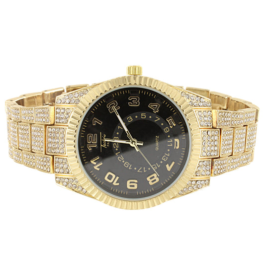 Men's Gold Finish Techno Pave Fluted Bezel Metal Band Watch