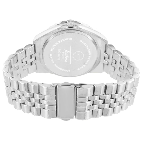 Silver Finish Men's Solitaire Accented Black Face Link Watch
