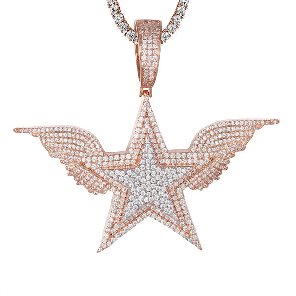 Rose Gold Tone Star Angel Wings Sterling Silver Hip Hop Pendant