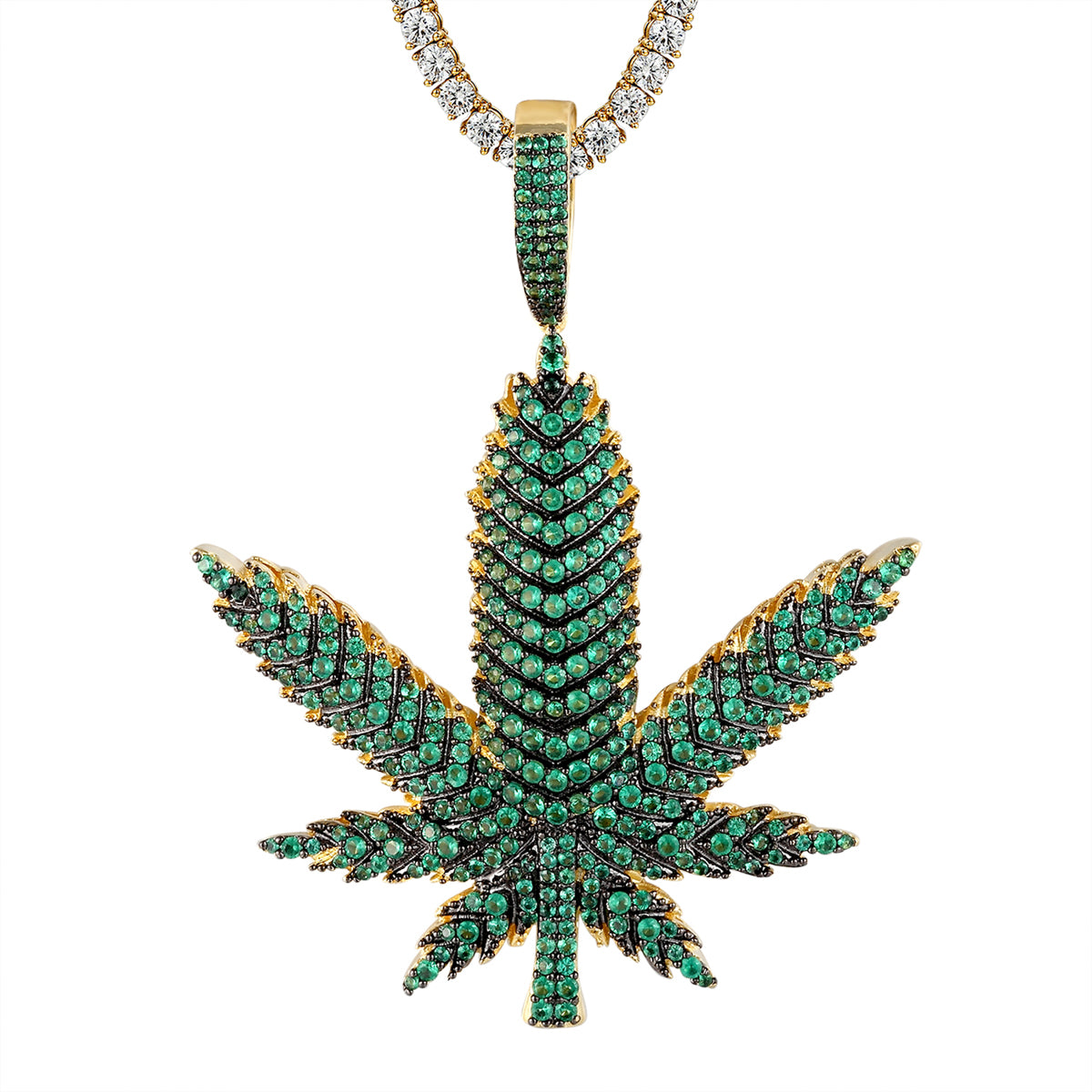 Mens Marijuana Green Weed Leaf Charm Gold Finish Bling Pendant