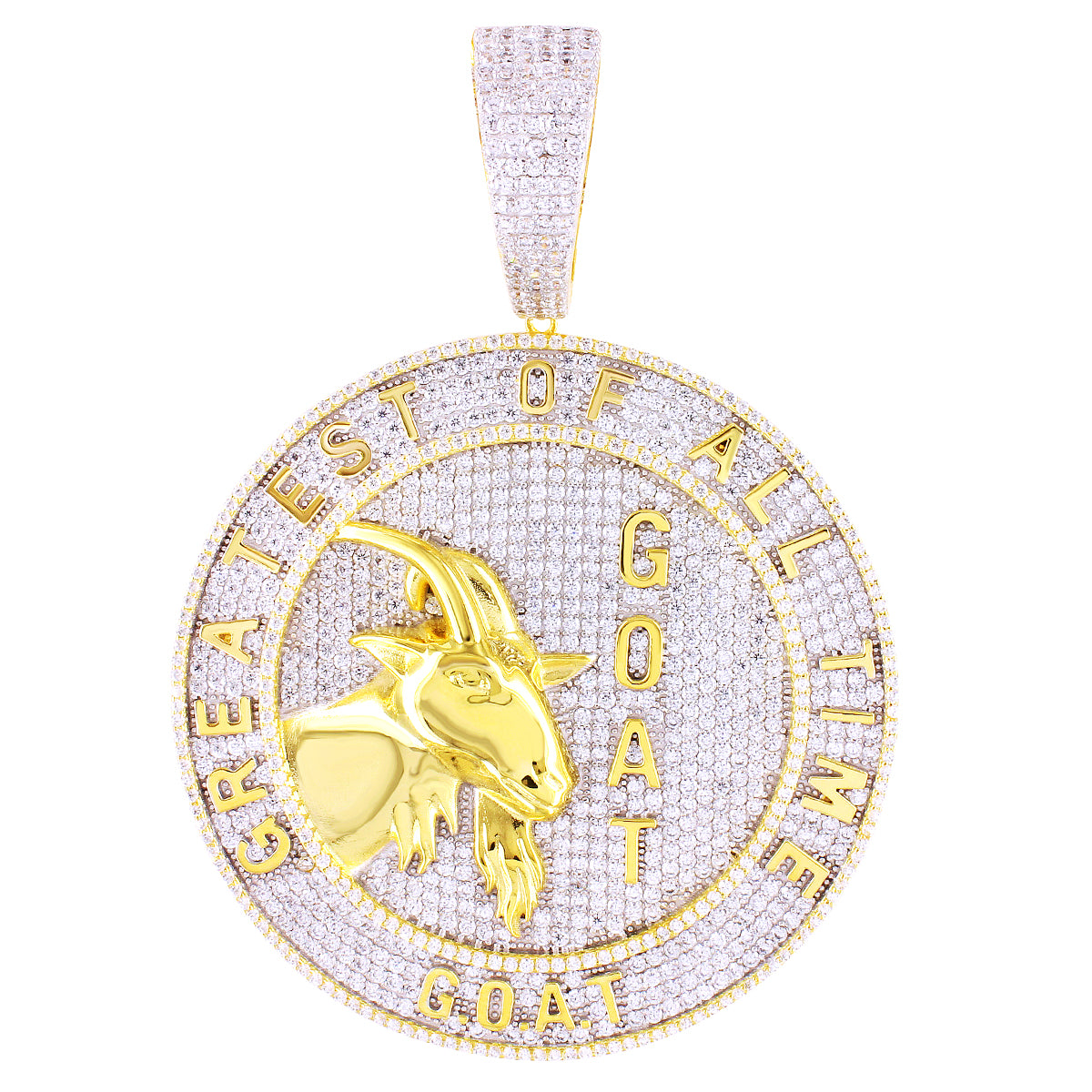 Mens Goat Face Greatest of All Time Icy Circle Medallion Pendant
