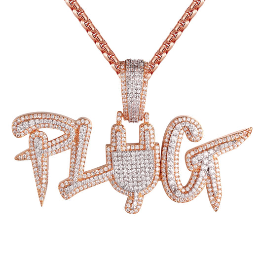 Rose Gold Finish Plug Switch Micro Pave Hip Hop Pendant Chain