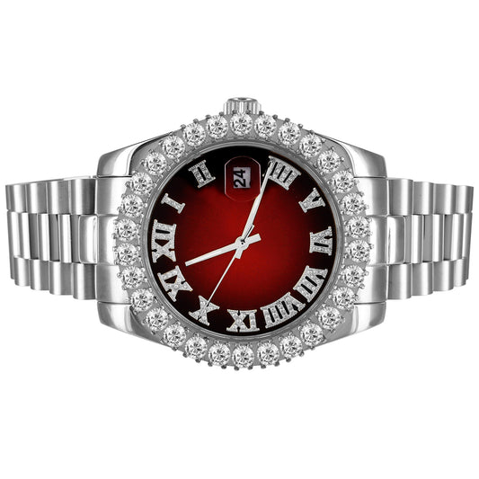 Stainless Steel Red Roman Dial Icy Bezel 41mm Custom Watch
