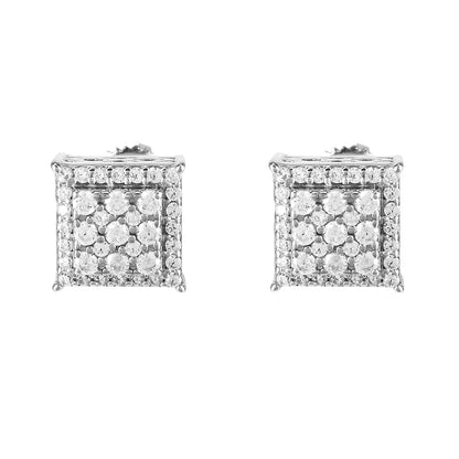 Sterling Silver Tower Style Cube Square Icy Screw Back Earrings