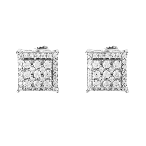 Sterling Silver Tower Style Cube Square Icy Screw Back Earrings