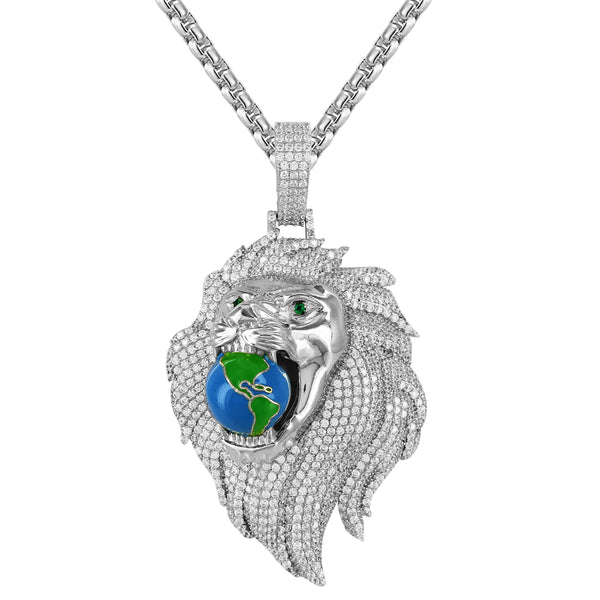Sterling Silver Icy  Lion Holding World Globe Roaring 3D Pendant