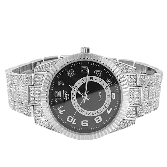 Men's Silver Tone  Techno Pave Fluted Bezel Metal Watch