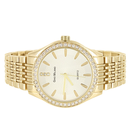 Gold Tone Men's Accented Face Metal Link Classic Watch