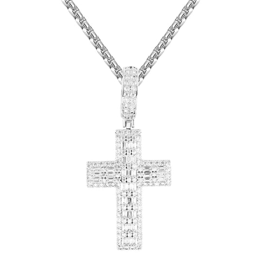 Baguette Holy Cross Religious God White Finish Silver Pendant