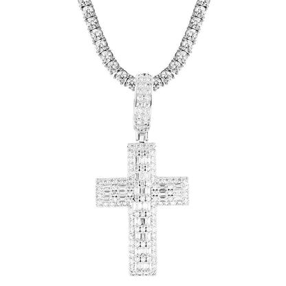 Baguette Holy Cross Religious God White Finish Silver Pendant