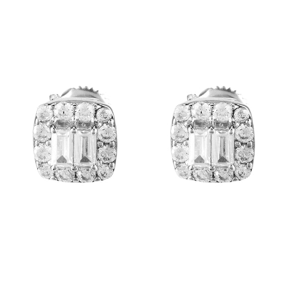 Sterling Silver Square Icy Baguette Prong Set Screw Back Earrings