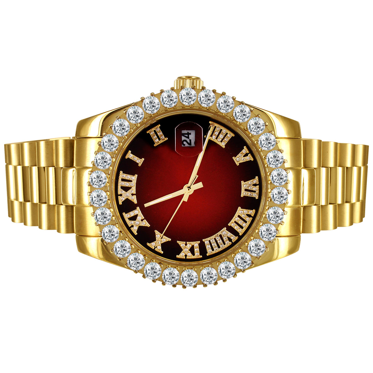 Solitaire Bezel Red Roman Dial Stainless Steel Presidential Watch