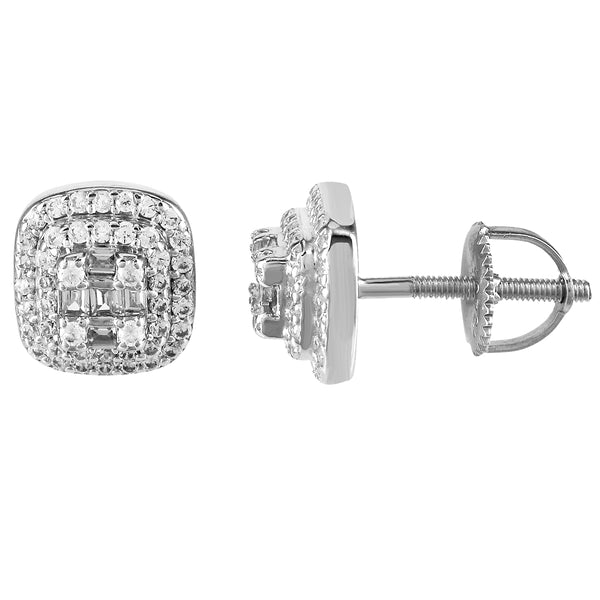 Sterling Silver Solitaire Cluster Icy 3D Square Screw Back Earring