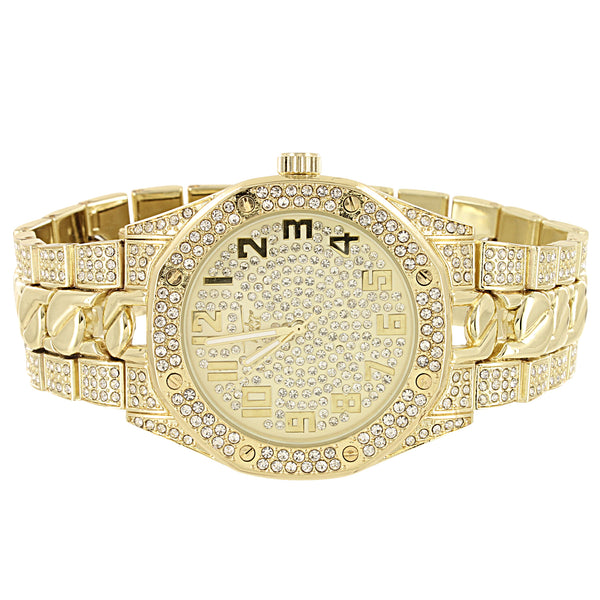 Men's Gold Tone Cuban Link Band  All Gold Face Watch