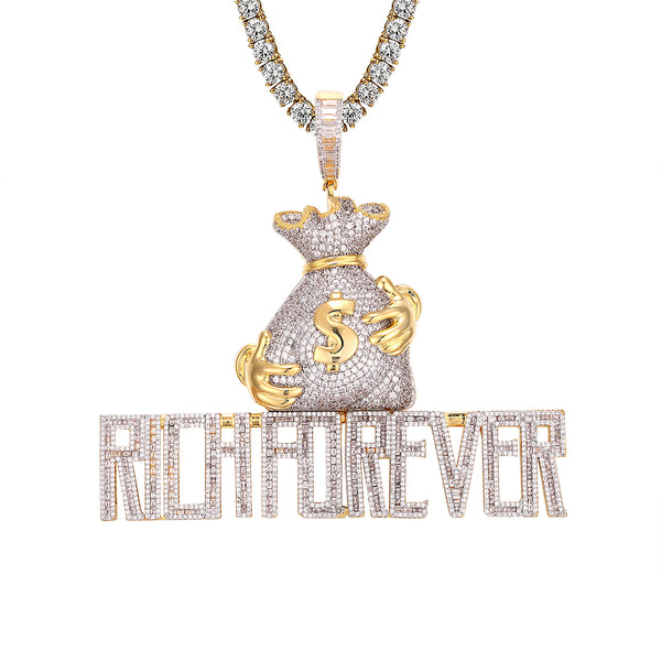 Rich Forever Hand Holding Dollar Money Bag Gold Tone Pendant
