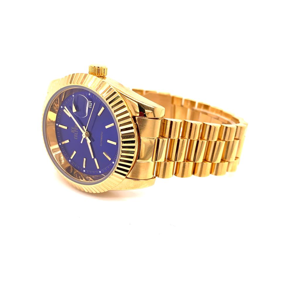 Mens Steel Blue Round Shape Dial 14k Gold Tone Custom Watch