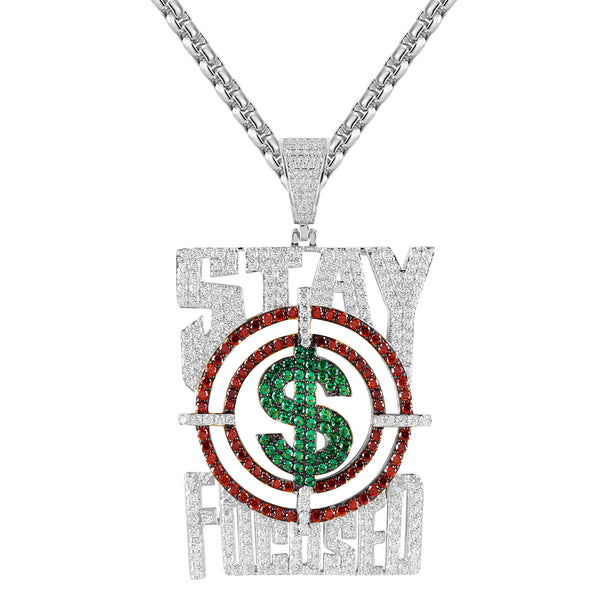 Sterling Silver Icy Stay Focused Dollar Rich Goal Hip Hop Pendant