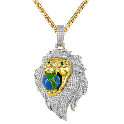 Silver Lion Animal Roaring face holding World Globe 3D Pendant