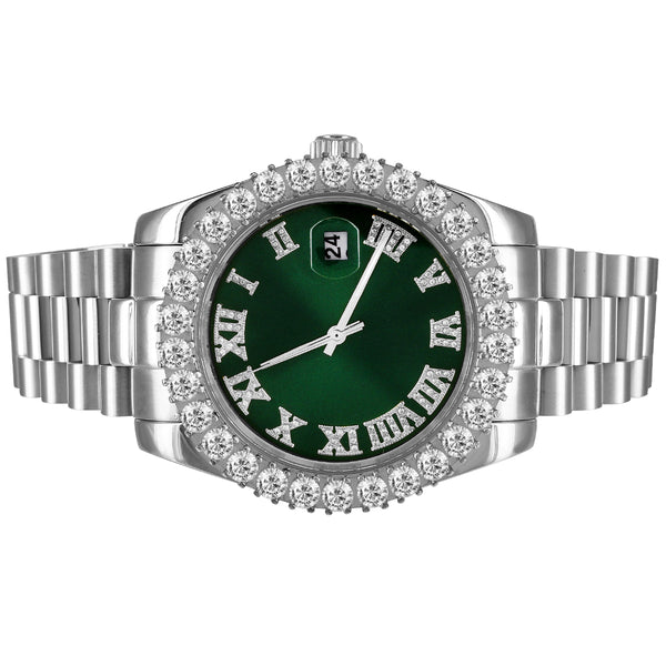 Stainless Steel 41mm Prong Icy Bezel Green Dial Luxury Watch