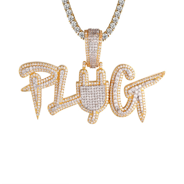 Two Tone Plug Switch Micro Pave Gold Finish Silver Pendant Chain