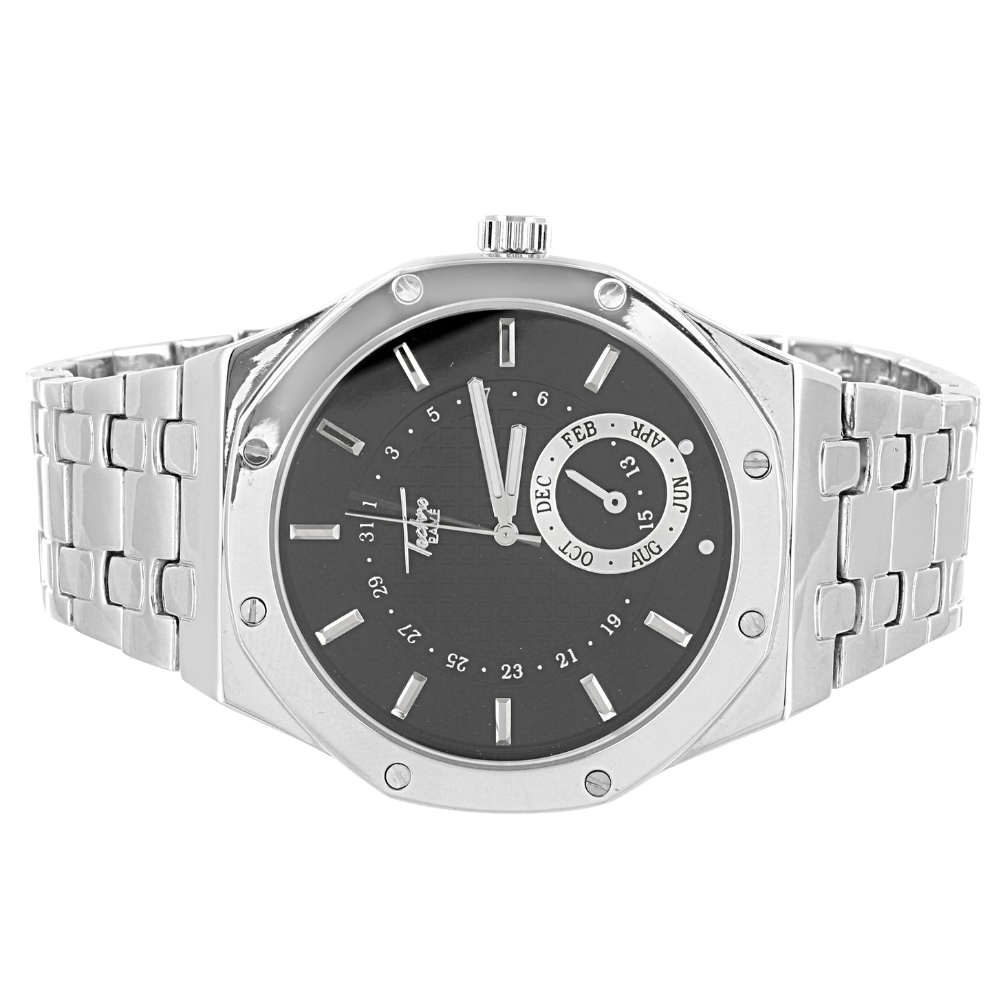 Men's Silver Tone Techno Pave Link Watch Chrome Finish Steel