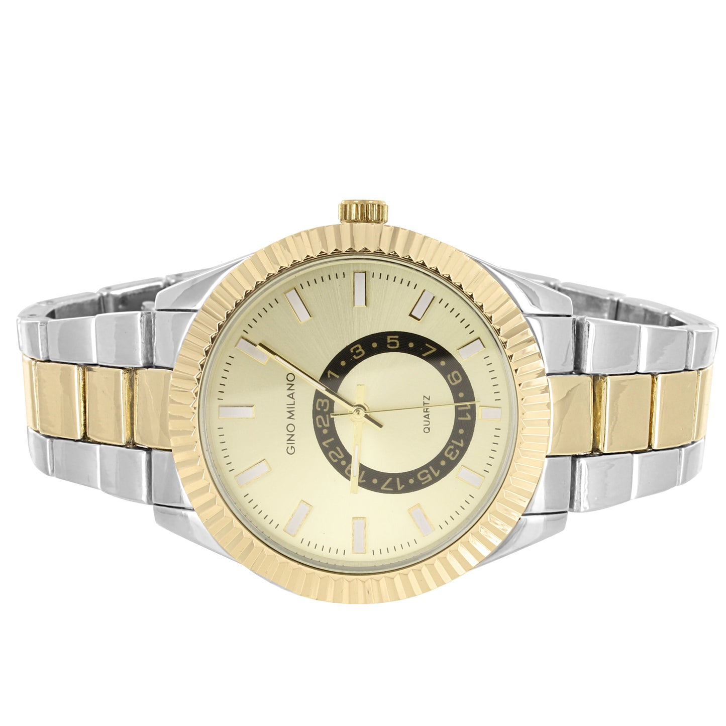Two Tone Men's Gold Face Fluted Bezel Metal Link Watch