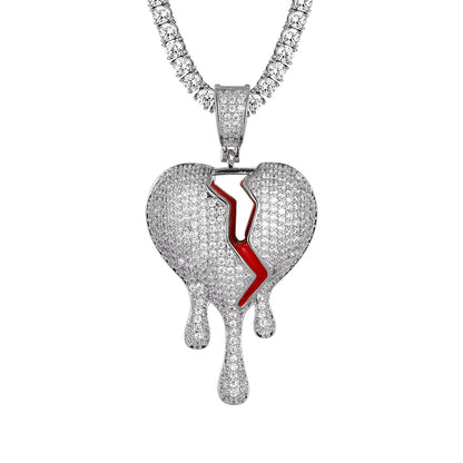 Silver Broken Dripping Heart Hip Hop Icy Red Enamel Charm