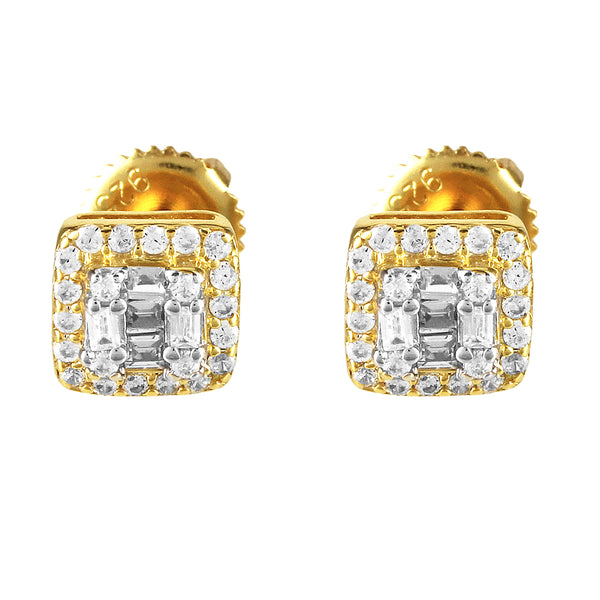 Gold Tone Baguette Icy Micro Pave Square .925 Screw back Earrings