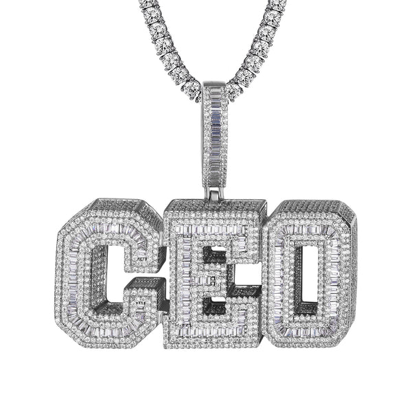 Custom CEO 3D Baguette Big 14K White Gold Tone Icy Pendant