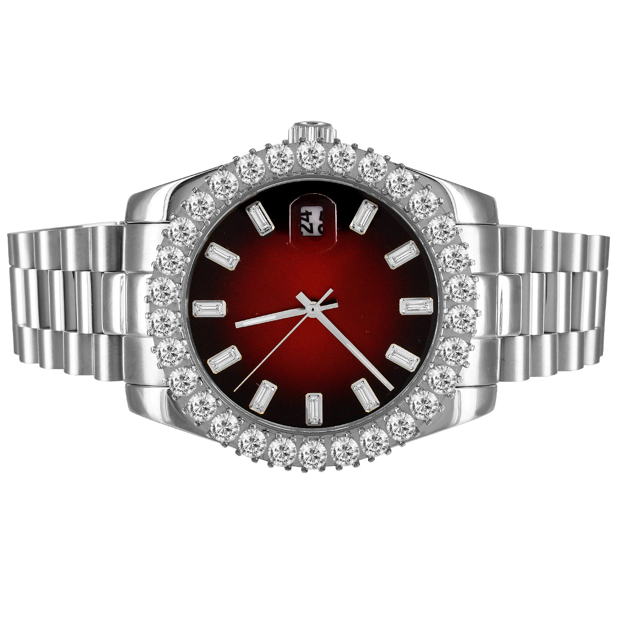 Red Baguette Dial Icy Bezel Stainless Steel 41mm Watch