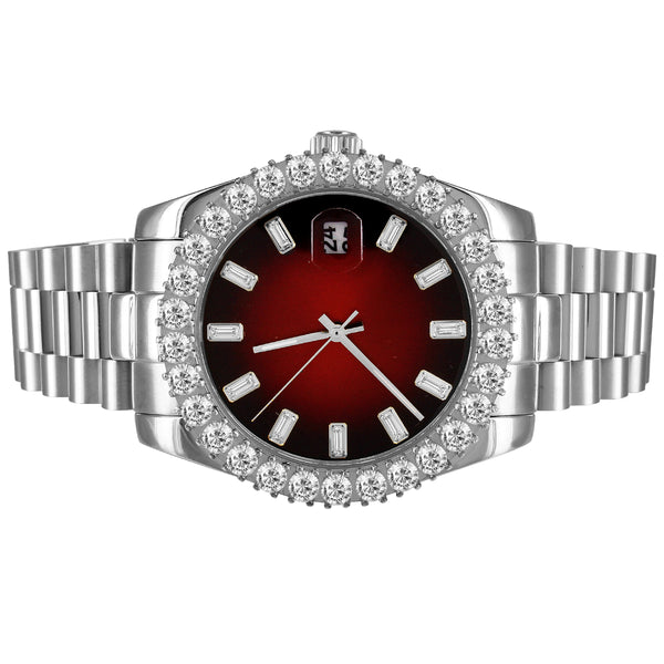 Red Baguette Dial Icy Bezel Stainless Steel 41mm Watch