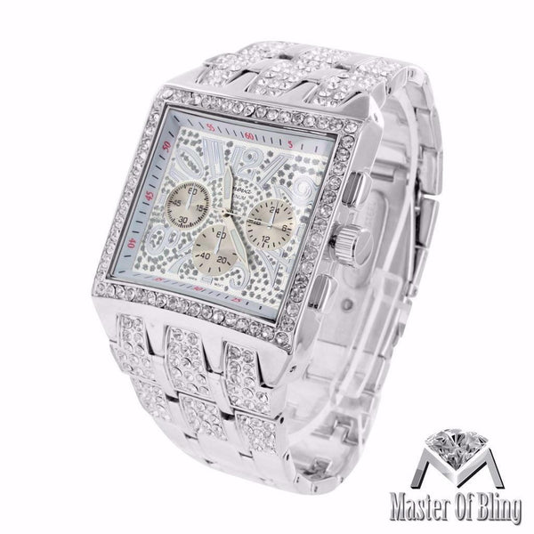 White Gold Tone Watch Simulated Diamond Designer