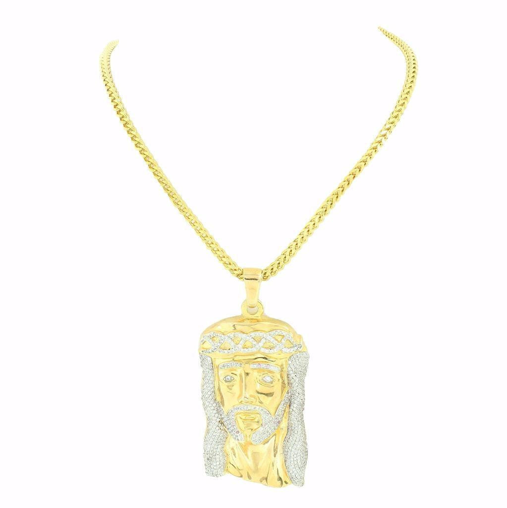 Jesus Pendant Sterling Silver Gold Finish Lab Diamond with franco chain
