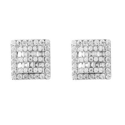 Icy Micro Pave Square Shape .925 Silver Screw Back Earrings