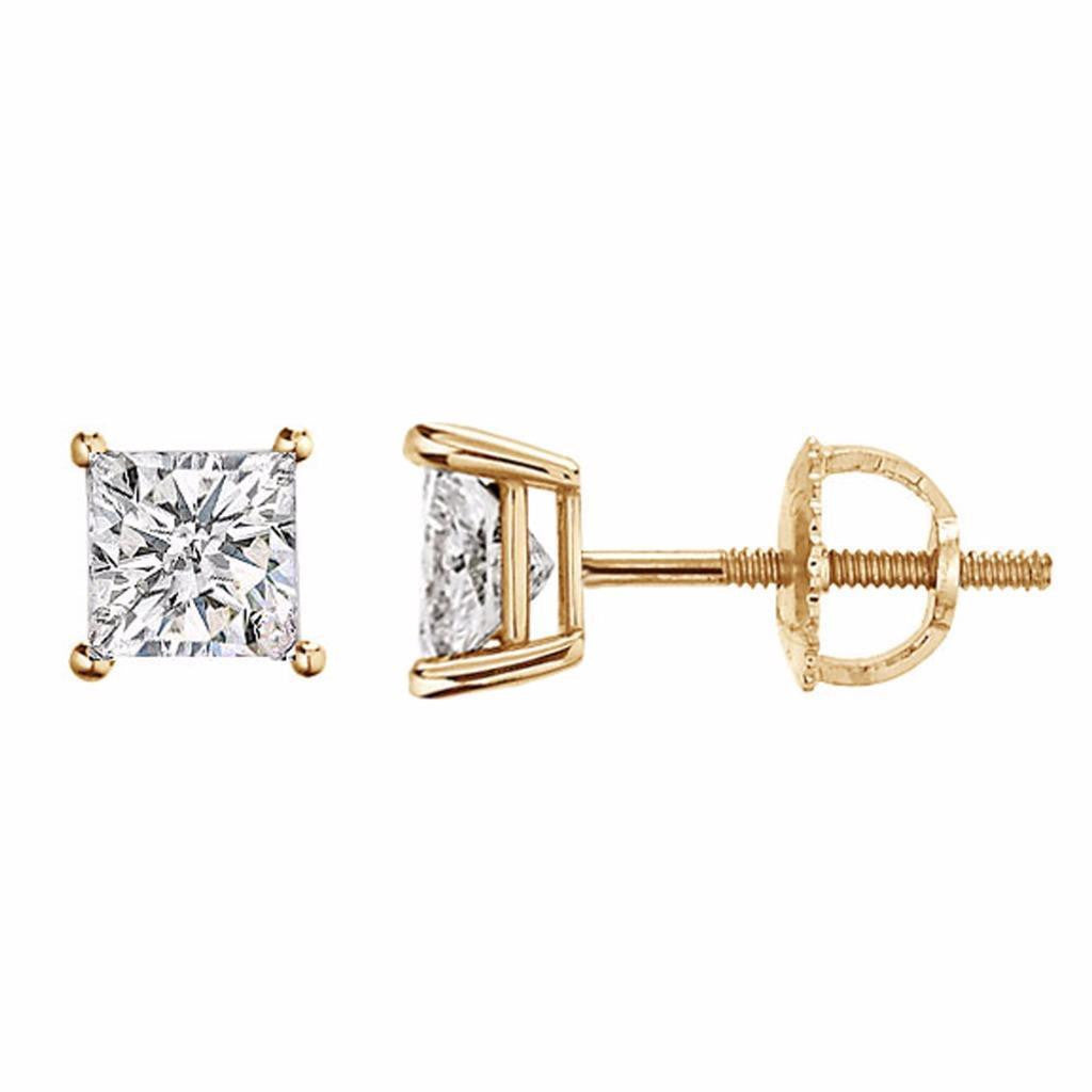 Solitaire Princess Cut CZ Stud Earrings Real 14K Yellow Gold 6mm 0.50 Ct CZ